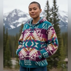 Alpaca Wool Jacket Aztec Womens Medium Sweater Cardigan Full Zip Hoodie Pockets